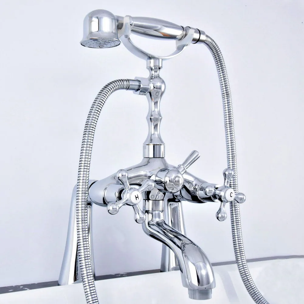 Silver Chrome Brass Deck Mounted Bathroom Tub Faucet Set with 1500MM Handheld Shower Spray Head Bath Mixer Tap 2tf752