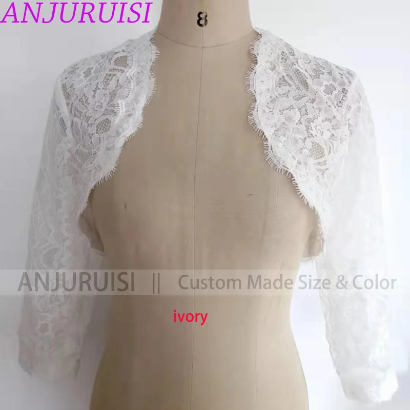 ANJURUISI Elegant Simple Shares of Women's 3/4 Long Sleeve White Lace Shoulders Cropped Bolero Wedding Jacket 2022 Bridal Wraps