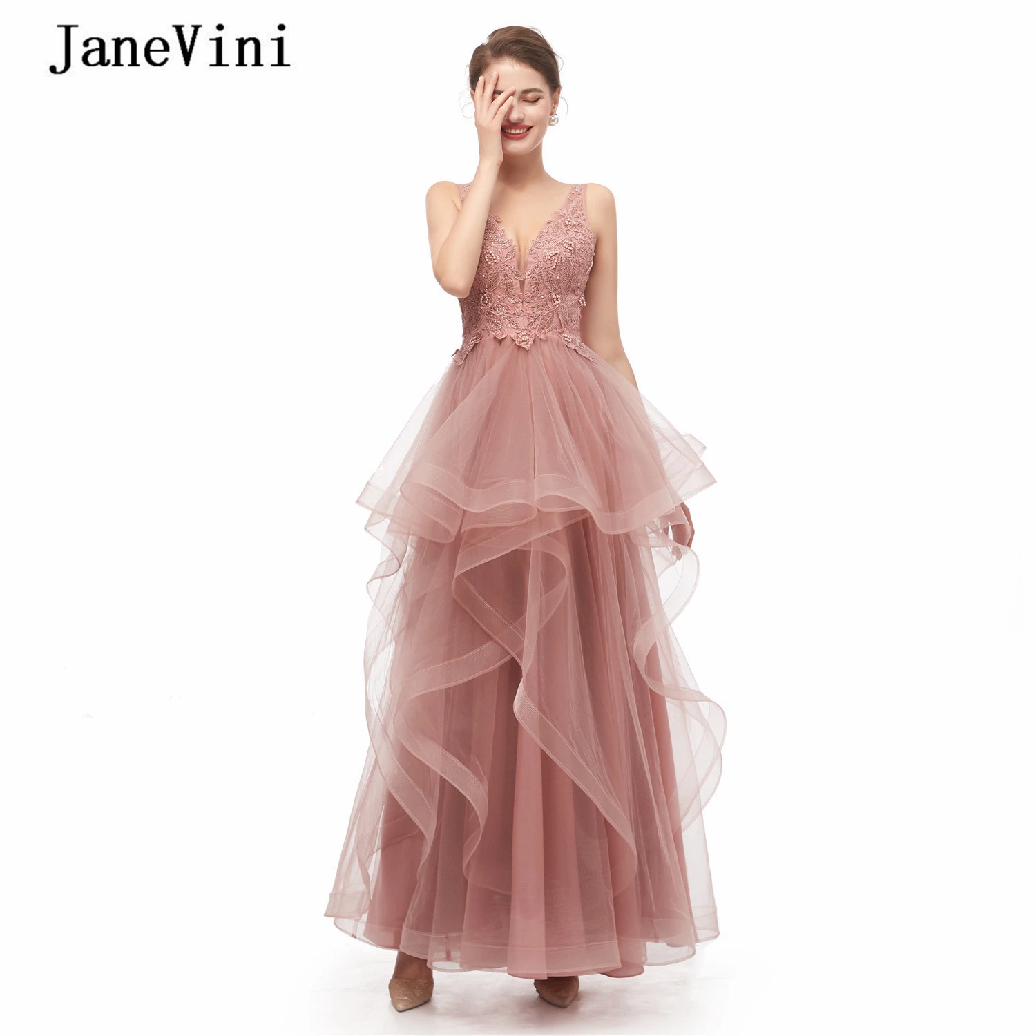 JaneVini – robe de soirée longue en Tulle, élégante, col en V profond, sans manches, avec des applications en dentelle, dos nu, ligne A, perles, 2019