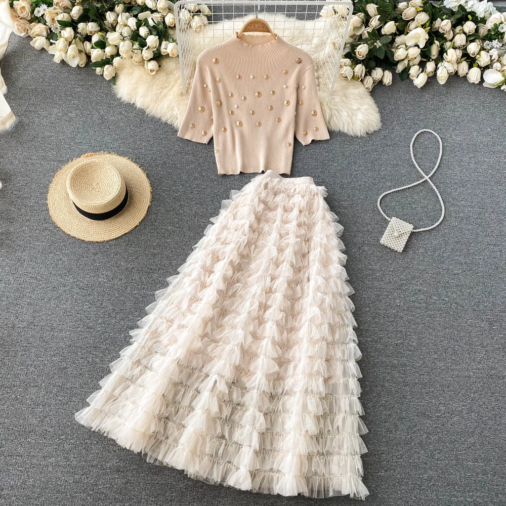 Party Kostuums Vrouw Kleding Set Vrouw 2 Stuks Chic Kralen Strakke Knitwear En Tiered Rokken Suits Elegante Vrouwen Suits SL192