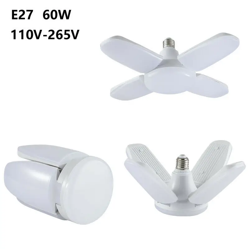 

60W LED Bulb E27 Folding Fan Light Bulb Industrial Adjustable Foldable Fan Blade Light SMD2835 Workshop Garage Lighting 110/220V