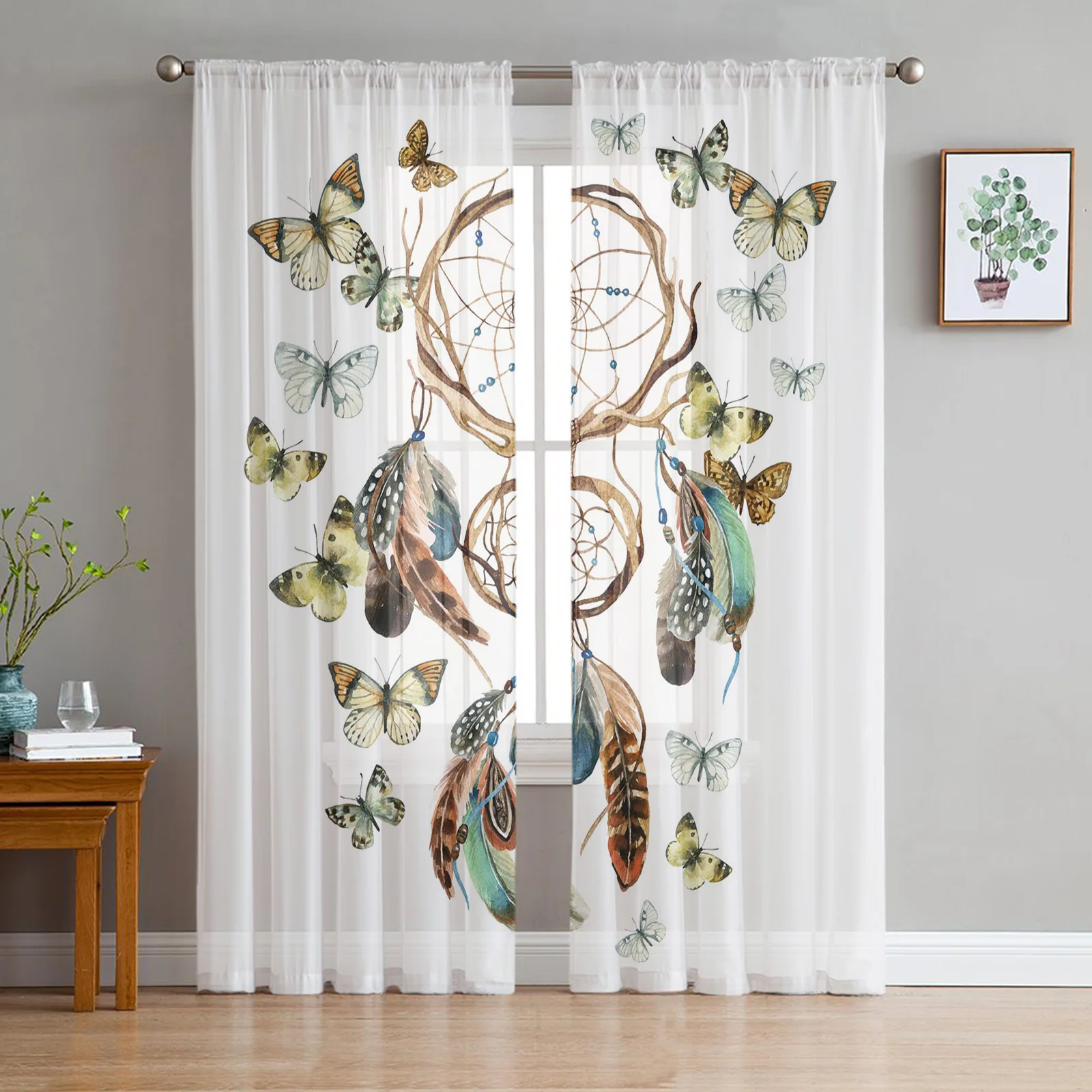 Dream Catcher Feather Butterfly White Window Curtains For Living Room Bedroom Kitchen Chiffon Sheer Window Treatment