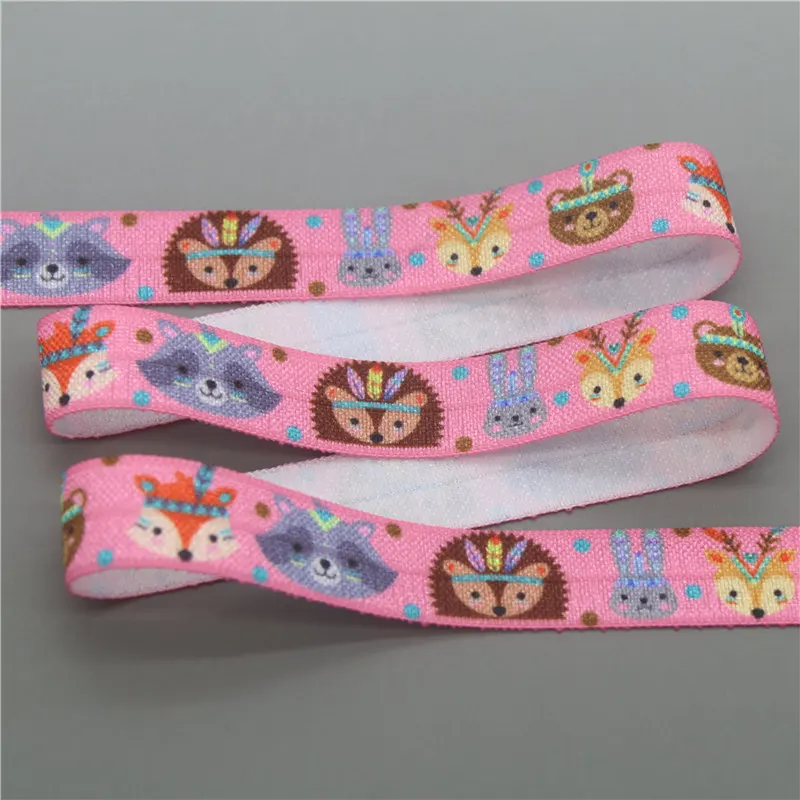 DHK 5/8\'\' 5yards animals fox sloth printed Fold Elastic FOE stretch ribbon hairbow headwear headband DIY OEM C1728