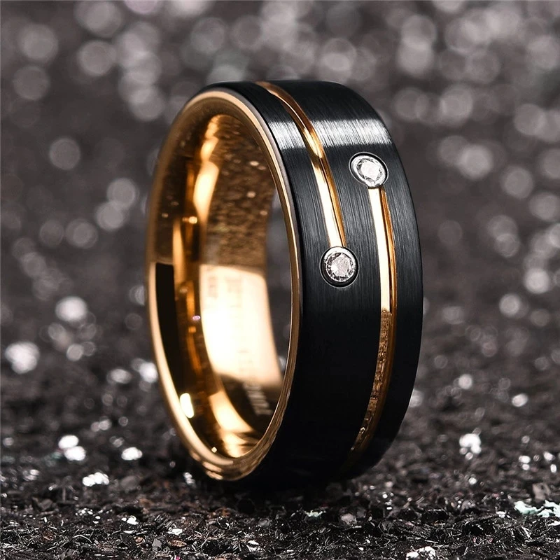 8mm Men Rings Black Stainless Steel Grooved Line Rhinestone Rings Wedding Engagement Band Anniversary Rings For Men Gift