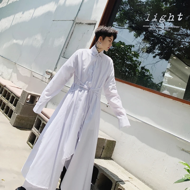 Men Long Sleeve Black White Irregular Rope Shirt Dress Male Women Streetwear Vintage Gothic Long Style Japan Kimono Robe Shirt