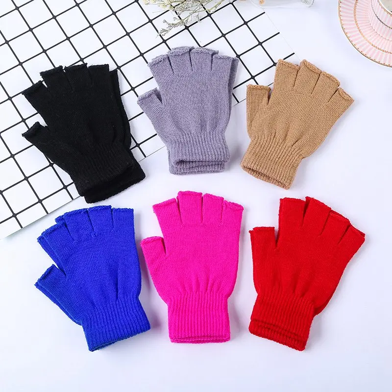 Gants sans doigts demi-doigts noirs unisexes pour femmes et hommes, gants de poignet en tricot de laine, gants de travail chauds en coton pour