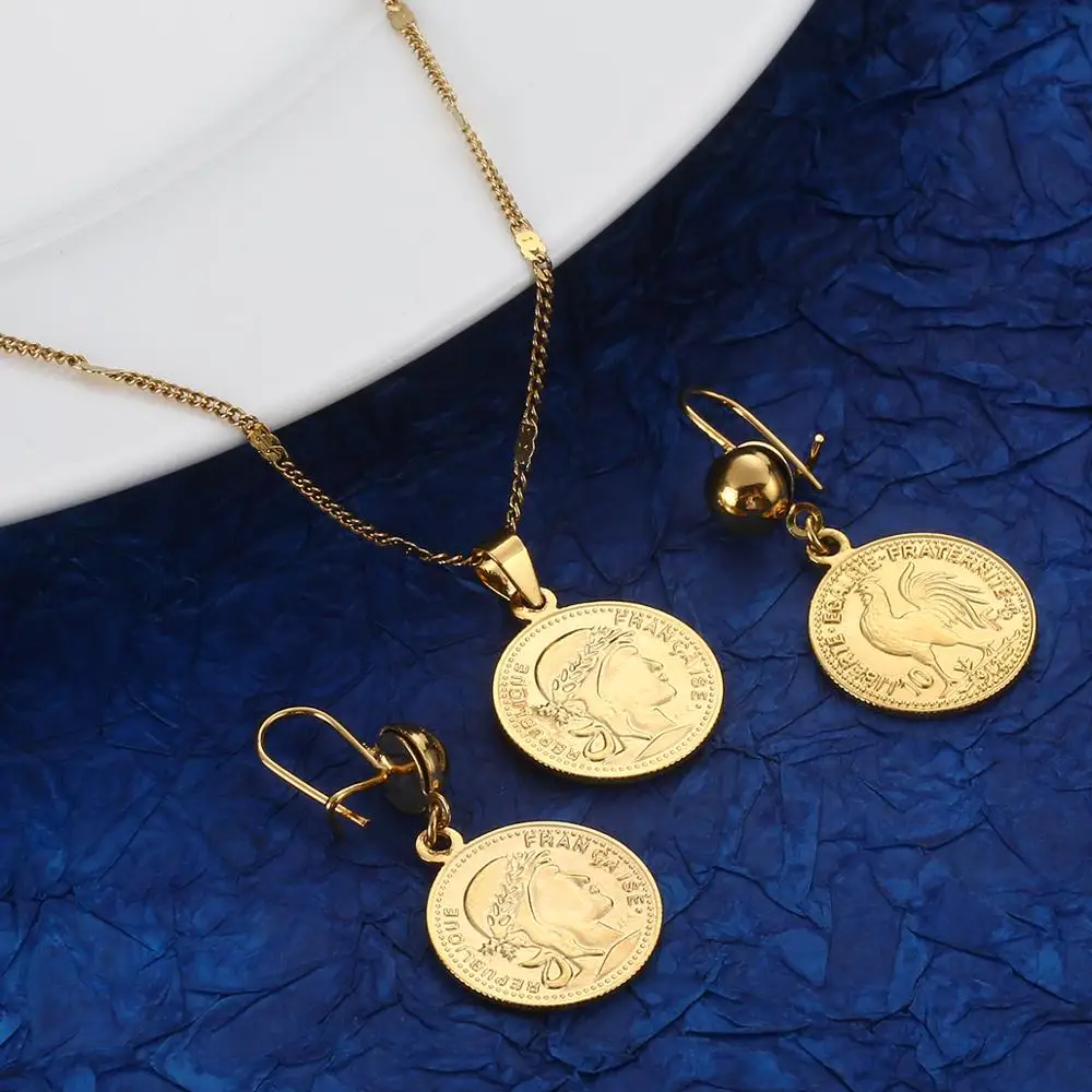 Gold Color Coin Pendant Necklaces France Lecoqgaulois Old French Trendy Coin Jewelry Sets