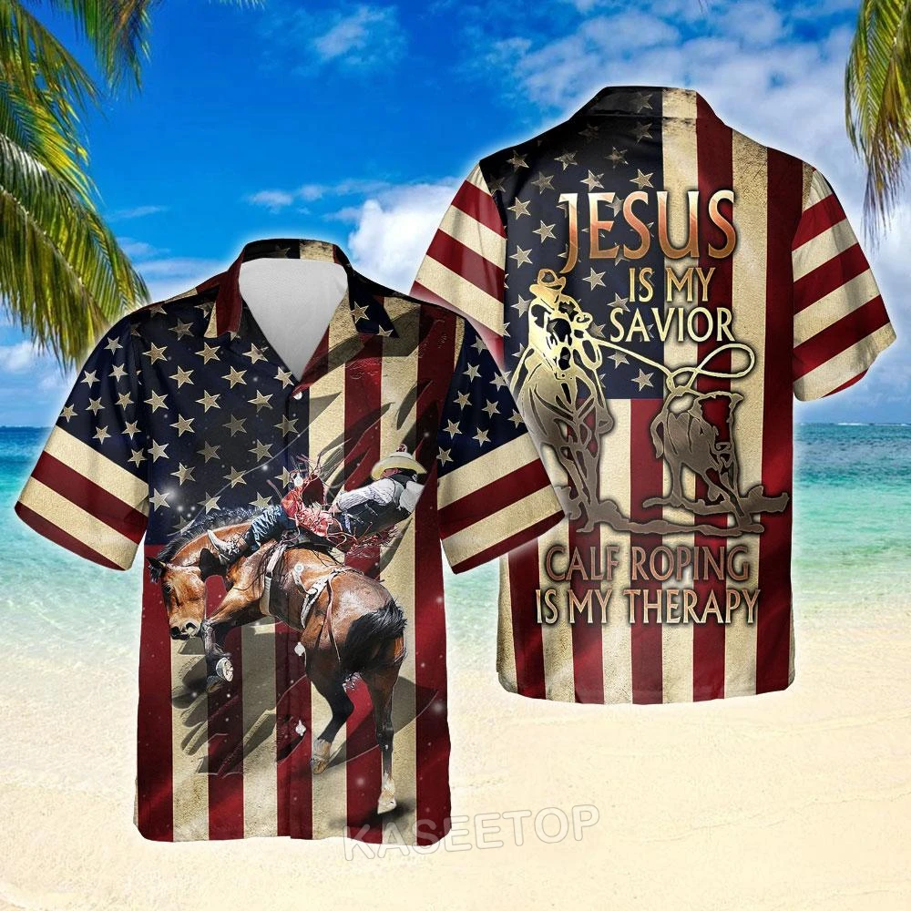 Mens Beach Calf Roping é a minha terapia Aloha 3D Print Hawaiian Jesus Casual T Shirt Botão Blusas Selvagens Oversize Streetwear Tops