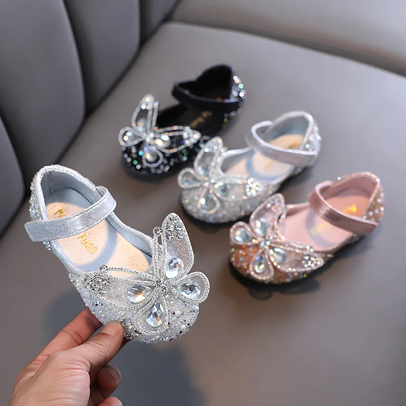 

2022 Children's Flat Princess Party Shoes Spring New Girls Rhinestone Bow Leather Shoes Baby Kids Casual Wedding Shoes 21-36