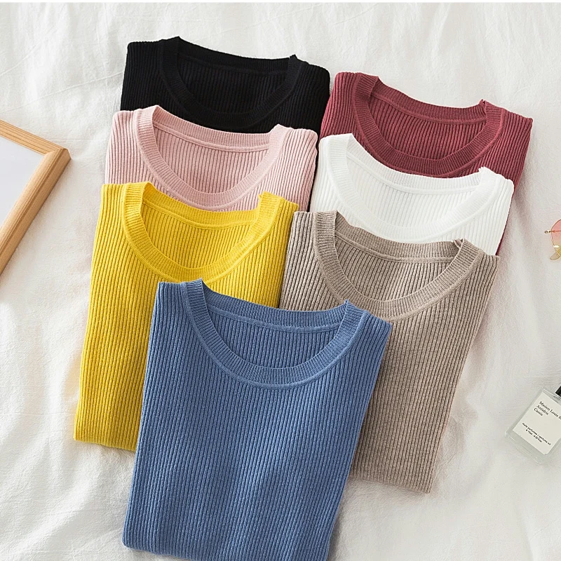 AOSSVIAO 2024 New Autumn Winter Tops O-Neck Pullovers Sweaters shirt long sleeve Korean Slim-fit tight sweater Pink Khaki Blue