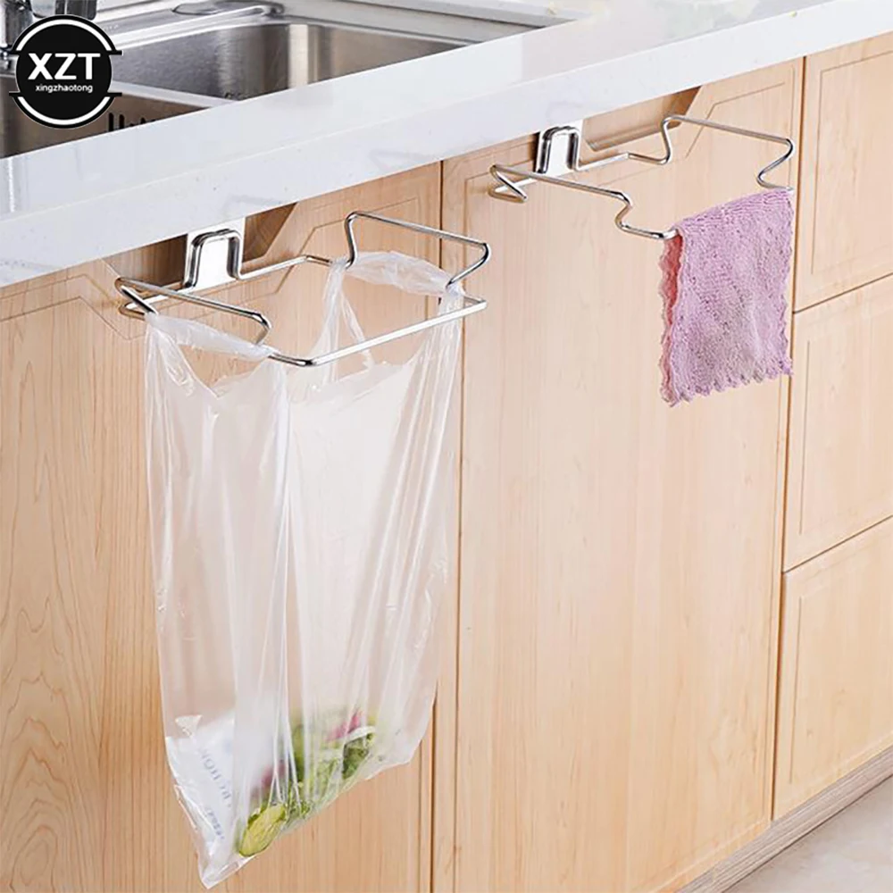 Kitchen Trash Rack Cabinet Door Garbage Bags Holder Stainless Steel Closet Garbage Storage Holder Garbage Bags Rack Holder