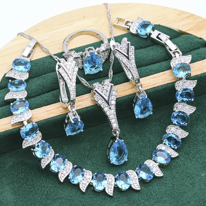 Exquisite Blue Yellow Crystal 925 Silver Jewelry Sets For Women Wedding Bracelet Long Earrings Necklace pendant Ring 4PCS