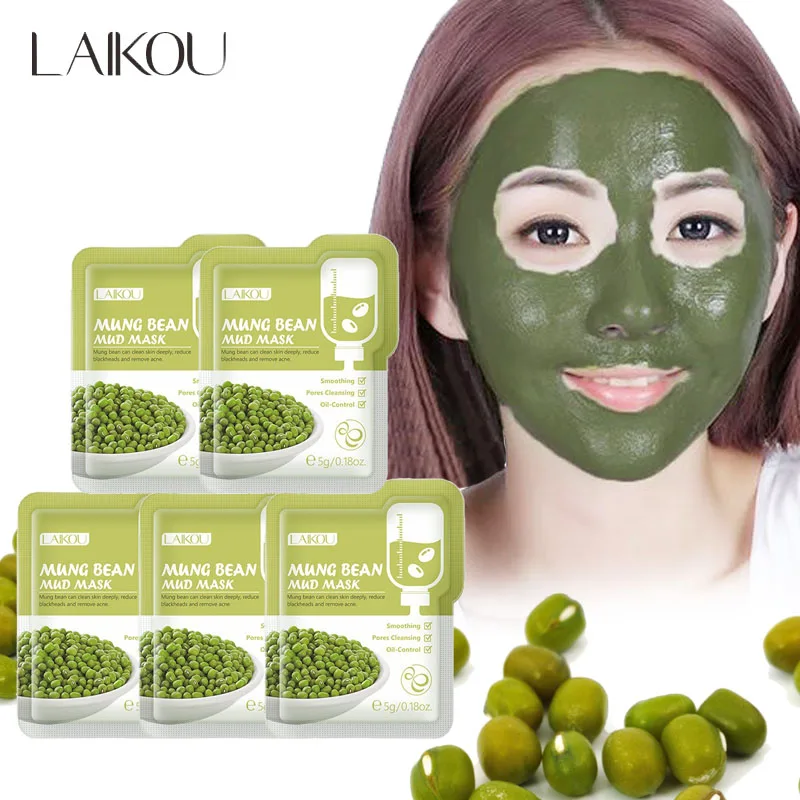 

LAIKOU 5Pcs Mung Bean Paste Mud Mask Cleansing Mask Purifying Clay Oil Control Skin Care Anti-Acne Remove Blackhead Mud Mask