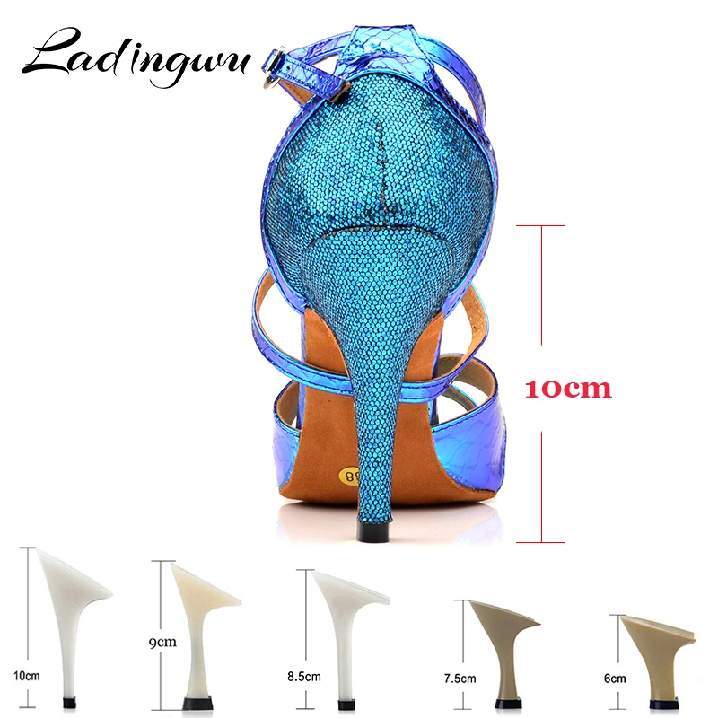 Ladingwu Latin Dance Shoes Women Ballroom Dance Shoes For Women Laser PU and Glitter Blue Gold Silver Dance Heels Sandals Women