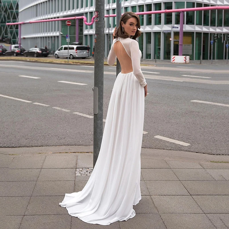 2021 Summer On Sale Charming Long Sleeves Bridal Wedding Dresses High Neck Side Slit Wedding Gowns for Bride Backless Appliqued