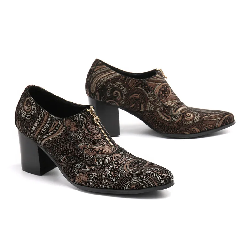 New Trendy High Heels Mens Printing Leather Wedding Dress Shoes Men Business Leisure Party Height Increase Shoes Size 37-46