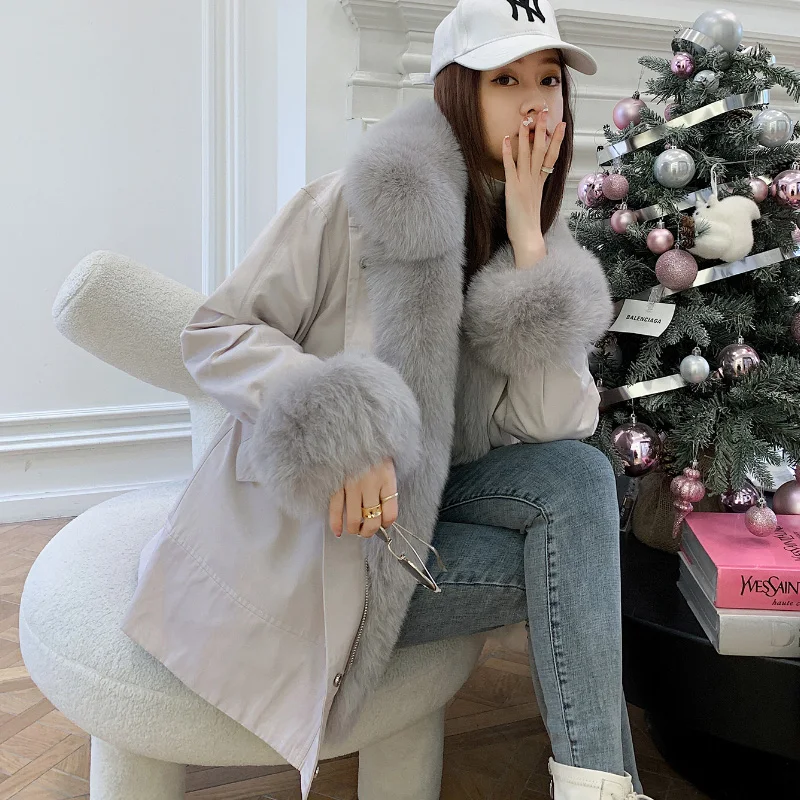 MENINA BONITA 2022 Winter Frauen Mode Parkas Natürliche Fuchs Pelz Kragen Echt Rex Kaninchen Pelz Liner Lose Warme Oberbekleidung Streetwear