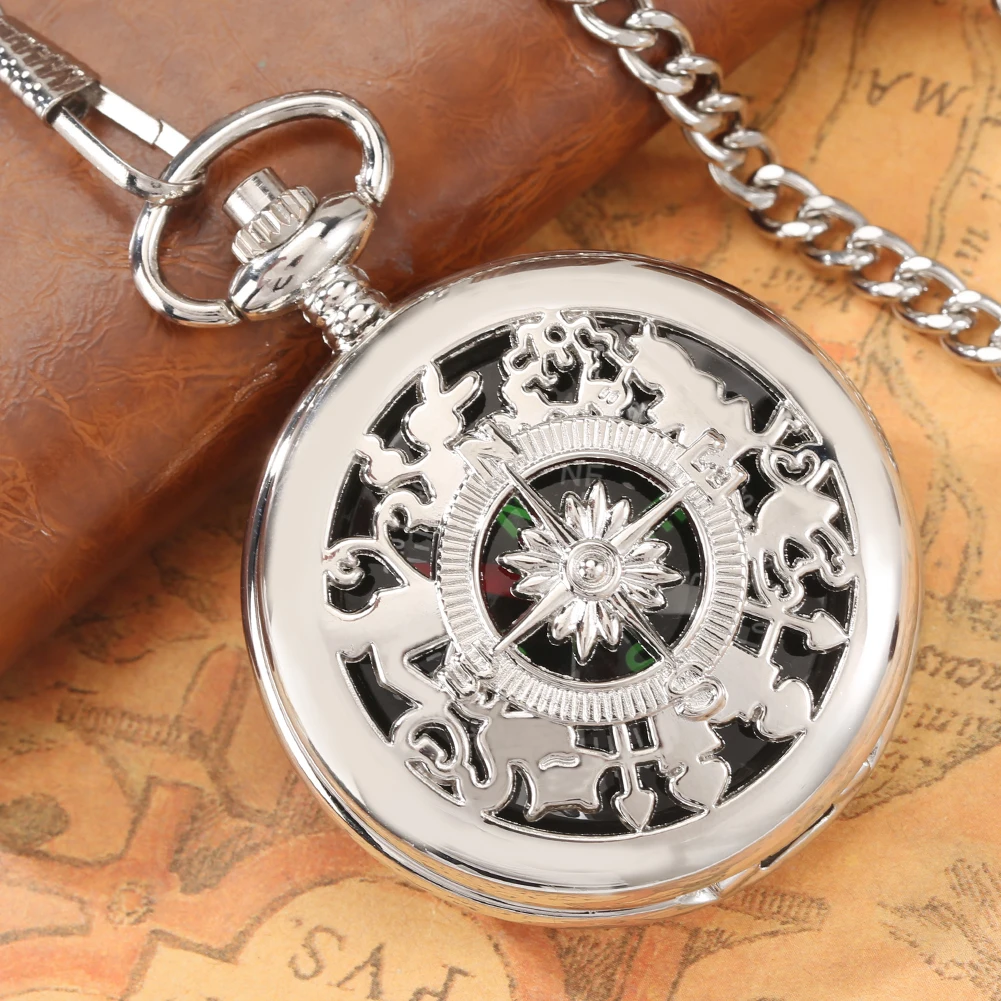 Silver Classic Hollow Design Fashion Pattern Vintage Pocket Watch with Chain Compass Men Women Gifts