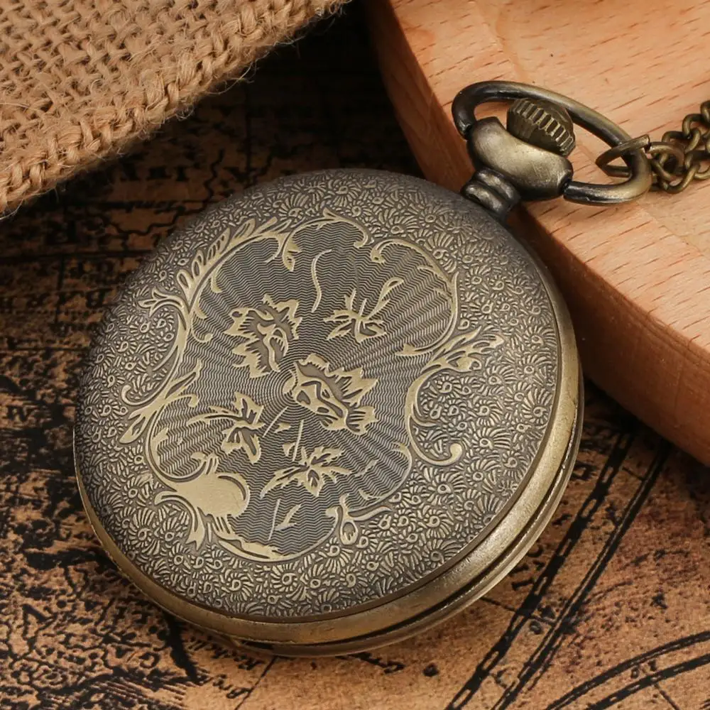 Antique Vintage Carving Rose Case Quartz Pocket Watch Hollow Bloom Hollow Pendant Necklace Chain Accessory Bronze Clock Gifts