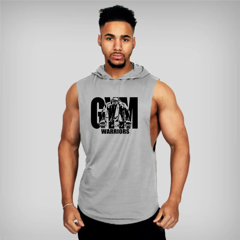 Gym Hooded Tank Top Men Summer Fitness Clothing Bodybuilding Hoody Vest Mens Sports Fashion Cotton Sleeveless T Shirts Plus Size