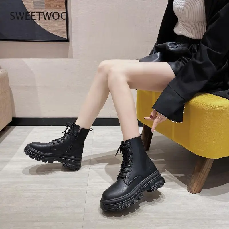 

Motorcycle Wedge Boots For Women PU Leather Lace Up High Heel Platform Flat Shoes Black