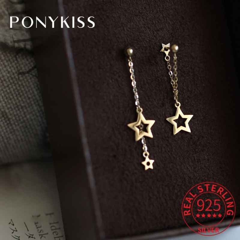 PONYKISS Trendy 925 Sterling Silver Star Tassel Zircon14K Gold Drop Earrings For Women Two Kinds of Wear Fine Gift Drop Shipping