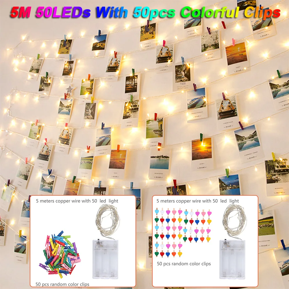 String Lights with Clips Hanging Pictures Photo 5M 16.4ft 50 LED Lights with 50 Colorful Battery USB Operated Perfect Decor D30