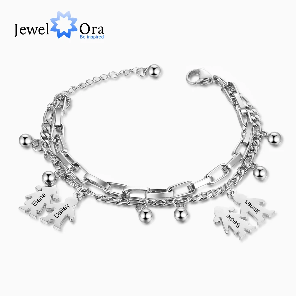 JewelOra Customized Engraved Name Boy Girl Charms Bracelets for Women Stainless Steel Double Chain Bracelets Personalized Gifts