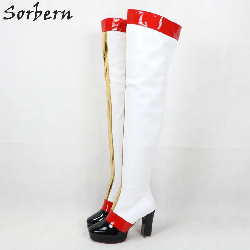 Sorbern White Thigh High Kinky Boots Block Heels Made-To-Order Custom Legs Width Boot For Drag Queens Kinky Boot Collections