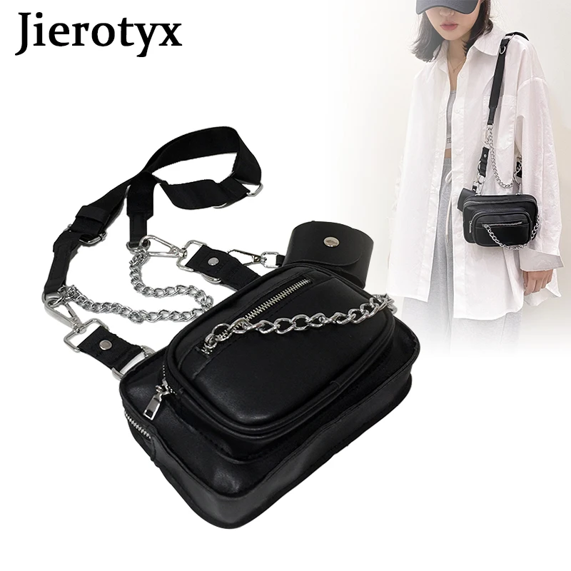 JIEROTYX 2021 Solid Black Women Messenger Bags Gothic Style Female Shoulder Bags Chains Versatile Concise Fashion Brands Designs