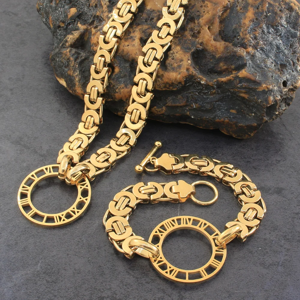 

Stainless Steel Round Gold Color Fashion Chain Necklace Bracelet Simple Jewelry Sets High-quality For Gift SCAZBKD