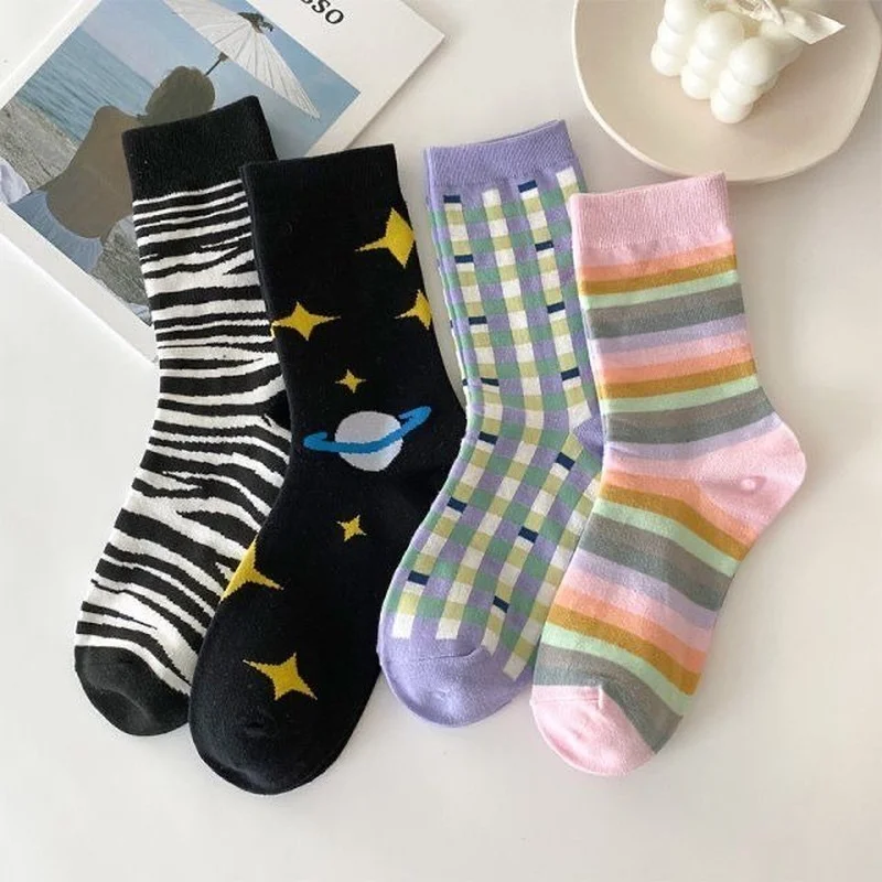 Socks Women Breathable Cute Cotton Ins Lady Soft High Elasticity Kawaii Casual Striped Fashion Daily Spring Middle Tube Harajuku