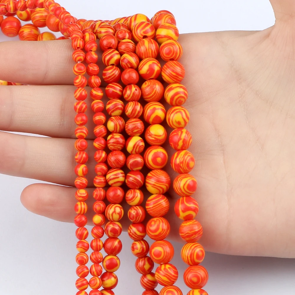 Wholesale 4 6 8MM Orange Malachite Stone Beads Yellow Stripe Round Loose Spacer Bead for DIY Jewelry Making Handmade Accessories