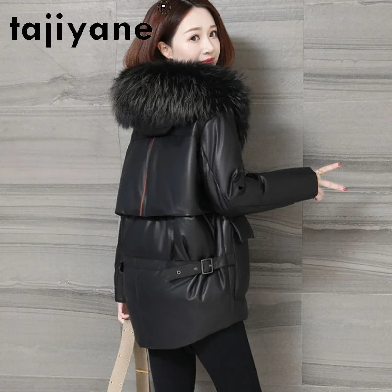 Tajiyane Real Leather Clothes for Women White Duck Down Coat Woman Natural Raccoon Fur Collar Hooded Parkas Femme Veste TN1322