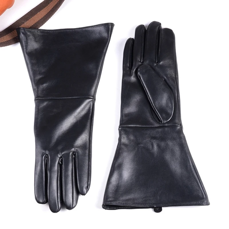 Stylish Men Long Gloves Male Genuine Leather Retro First Layer Sheepskin Bell Mouth Punk Mitten Party Show Play Warm 35cm Luvas