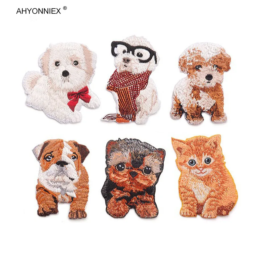 AHYONNIEX New Iron On Embroidery Patch Cat Motif Applique Banner DIY Clothing Glasses Dog Badge Mixed Animal Stickers