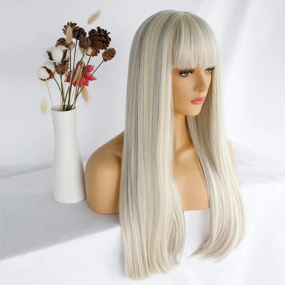 Ebingoo Synthetic Ombre White Wigs with Bangs Long Silk Straight Cosplay Wig Heat Resistant Fiber For Women