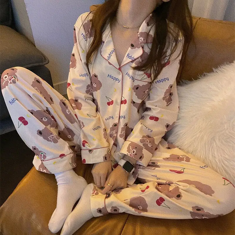 Women Printed Pajama Sets Loose Long Sleeve Tops Cozy Teenagers Trendy Full Length Pants Japanese Sleepwear Females Lounge Hot