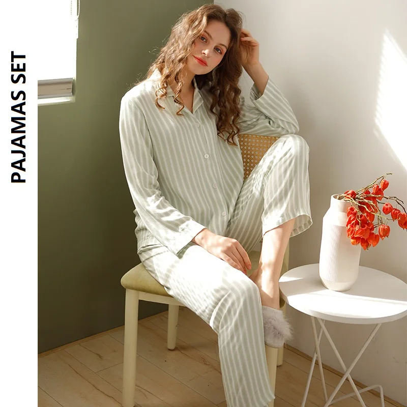 Long-sleeved Viscose Pajamas Set Women Green Striped Homewear Pajama Set Sleepwear Pigiama Donna Pyama Woman Pijama Set