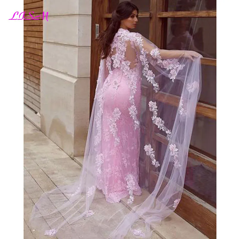 Lace Mermaid Evening Dress With Cape Elegant V-Neck 3D Flowers Prom Party Gowns Plus Size Formal Dresses 2021