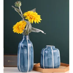 Creative Modern Gradient Blue Striped Ceramic Vase, Dried Flowers, Gardening, Home Decoration, Living Room Ornaments