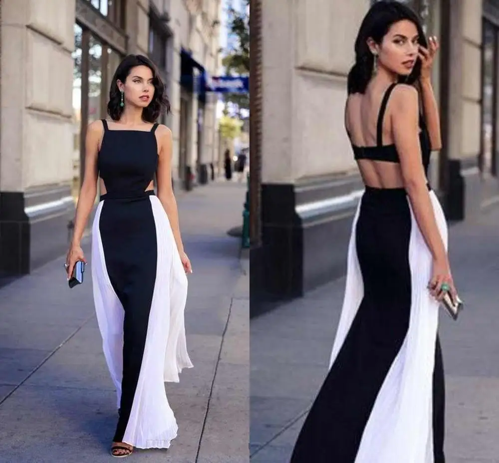 

Black White A-line Prom Dresses Formal Floor Length Chiffon Satin Plus Size Custom Made Evening Party Gowns Robe De Soiree