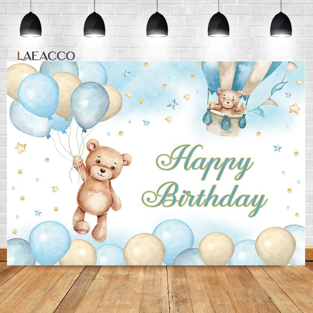 Laeacco Teddy Bear Happy Birthday Backdrop Hot Air Balloon Star Cloud Kid Baby Shower Portrait Customized Photography Background