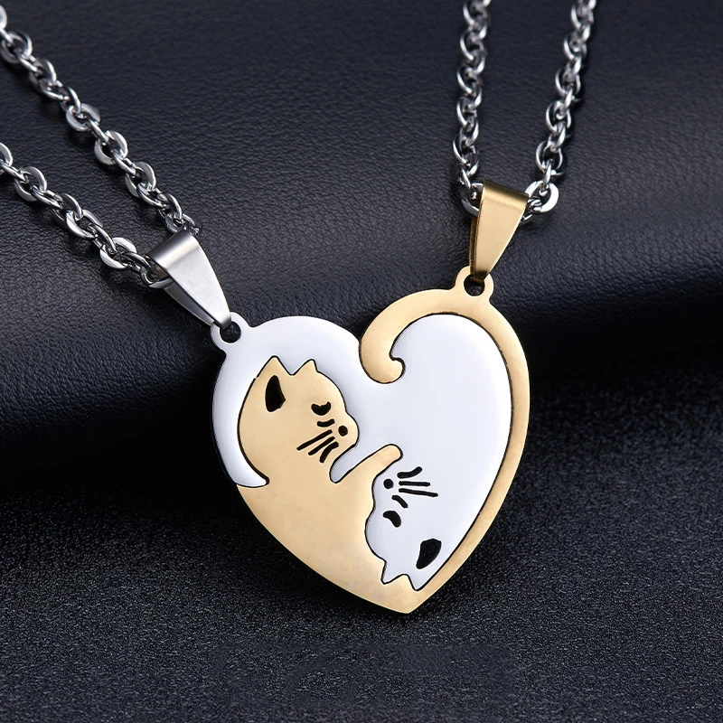 Fashion Love Cat Couple Necklace A Pair Of Stitching Male And Female Students Pendant Simple Pendant Valentine's Day Gift