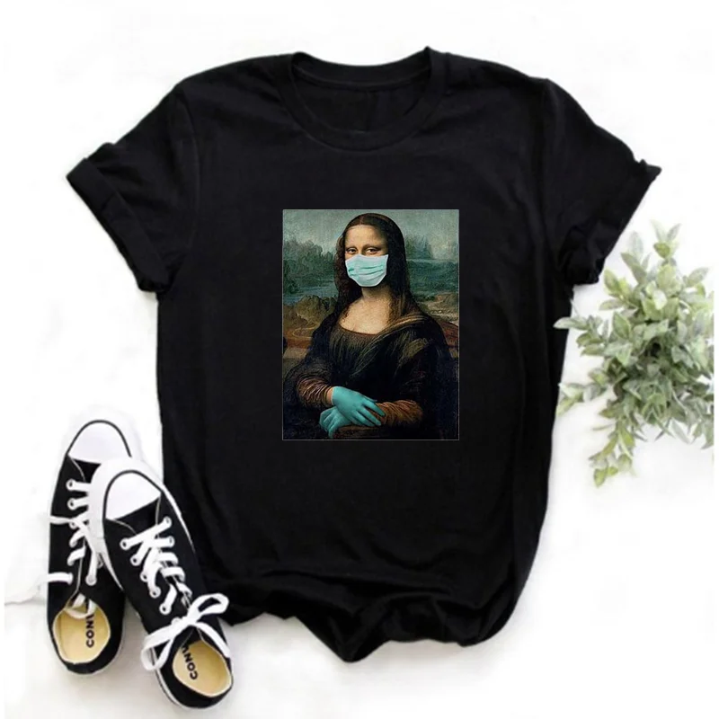 Mayos Mona Lisa Harajuku Aesthetic T-shirt Ladies Retro Ullzang Printed T-shirt 90s Cartoon Four-color Casual Top