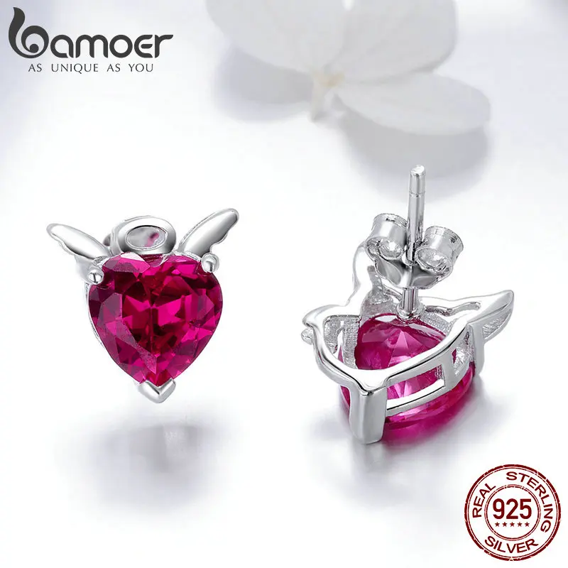 BAMOER moda argento Sterling 925 angelo e diavolo rosa CZ cuore orecchini per le donne gioielli in argento Sterling festa della ragazza