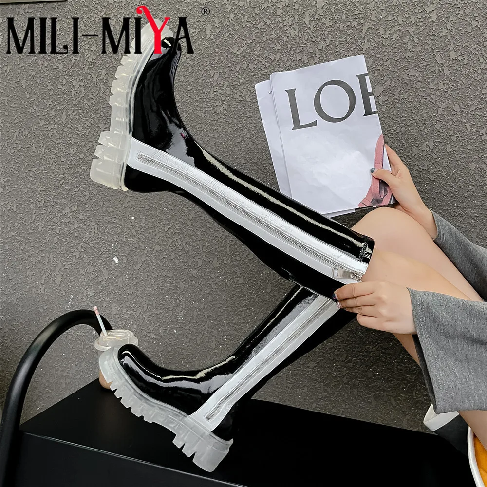 MILI-MIYA New Arrival Women Patent Leather Knee High Boots Zippers Mixed Color Round Toe Square Heels Handmade For Ladies