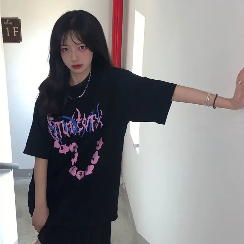 

Cotton Cartoon Graphic Print T-shirt Y2K Streetwear Summer Oversize Women Harajuku Short Sleeves Tops Tee Hip Hop Vero Harajuku