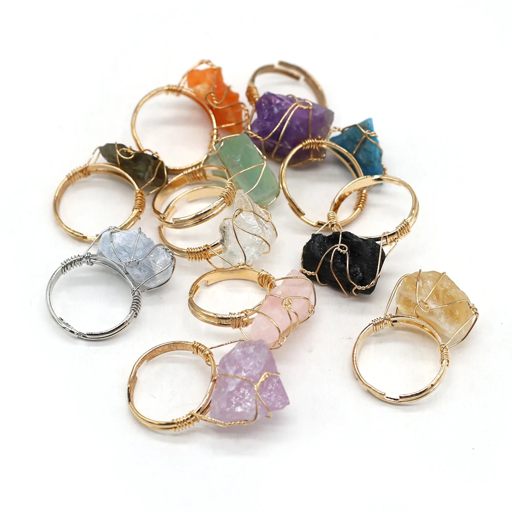 Adjustable Natural Crystal Rings Irregular Amethusts Quartz Ore Wire Winding Couple Exquisite Personality Rings 1pcs