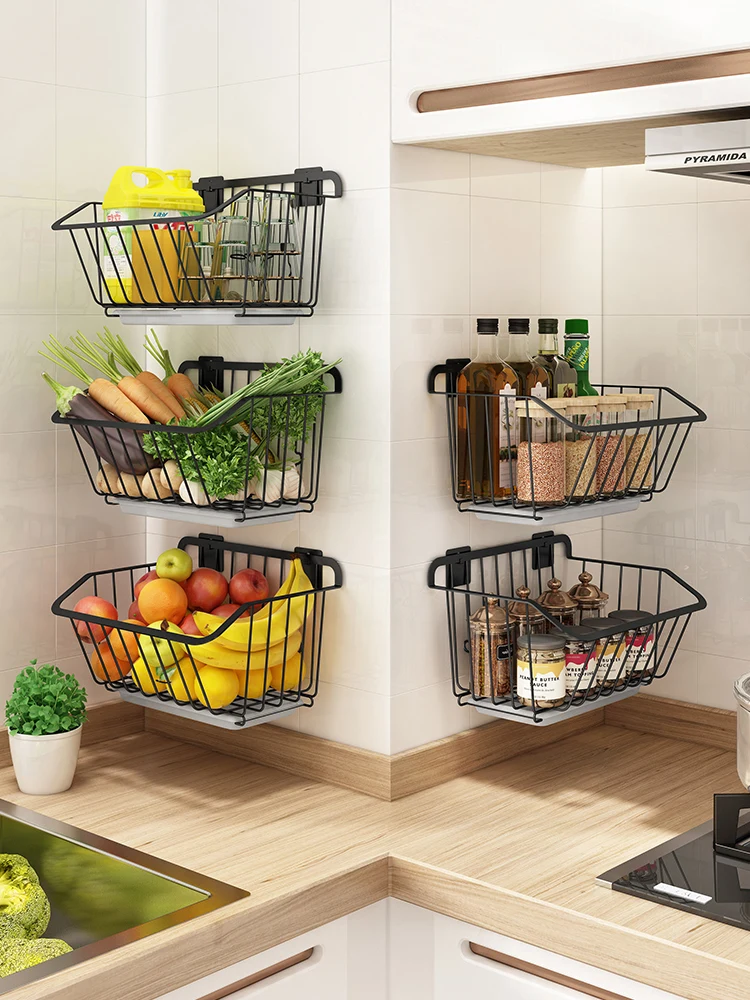 Wall-hung Vegetable Storage Rack Punching-free iron Storage Baskets for Fruit Vegetable Drain Storage Basket Kitchen Oganizer